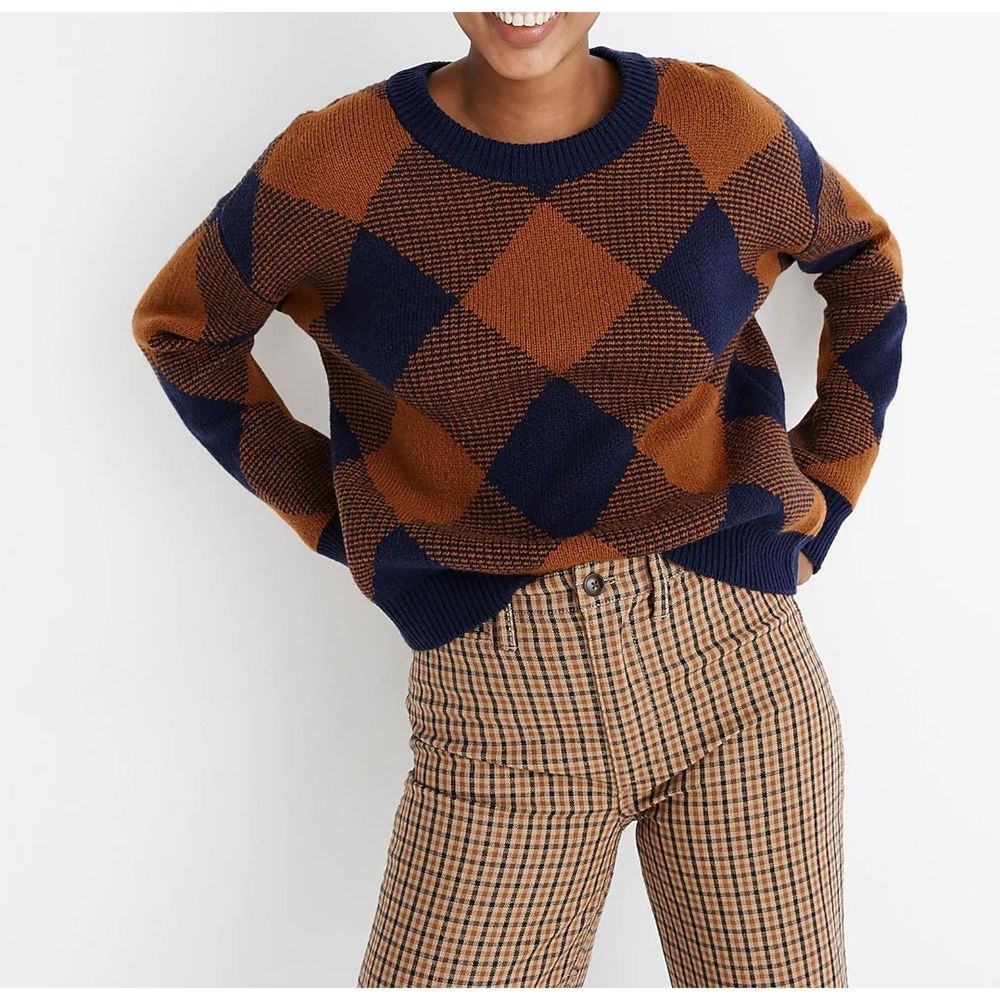 Madewell Navy and Brown Plaid Sweater